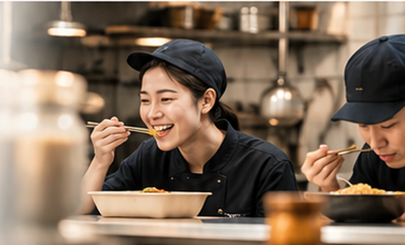 식사 시간에 음식을 먹는 음식점 직원들의 모습